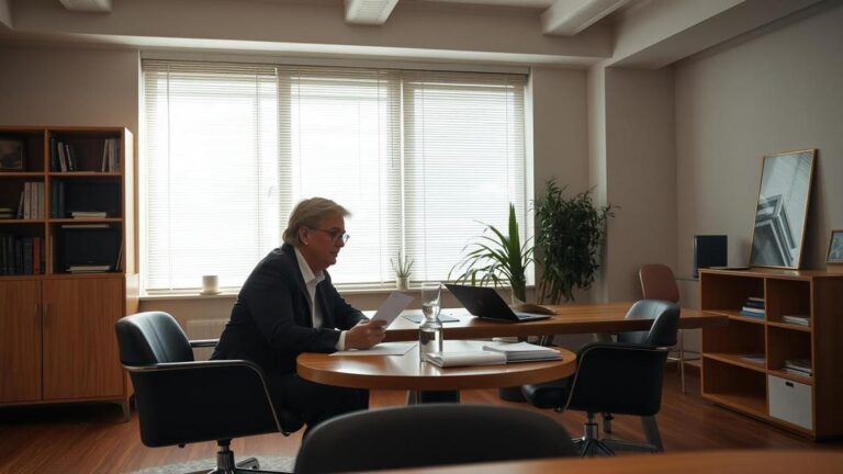 Cliente de meia idade consultando advogado sobre direitos de férias em escritório moderno.