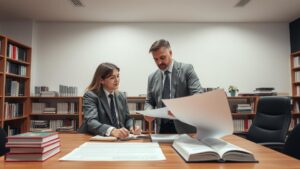 Advogado orientando cliente sobre documento de inventário em escritório moderno, ressaltando a importância do processo.