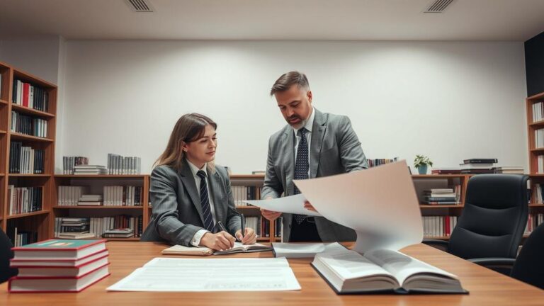 Advogado orientando cliente sobre documento de inventário em escritório moderno, ressaltando a importância do processo.