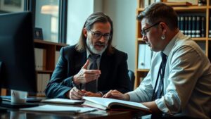 Advogado explica o conceito de revisão da vida toda a um aposentado em escritório de advocacia moderno.