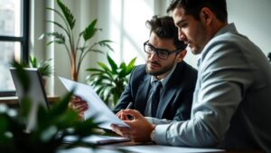 Cliente jovem revisando contrato de adesão com advogado em escritório, abordando o que é um contrato de adesão.