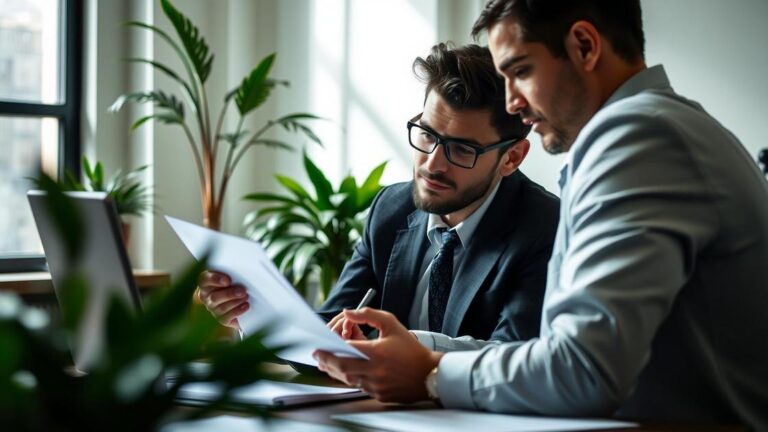 Cliente jovem revisando contrato de adesão com advogado em escritório, abordando o que é um contrato de adesão.