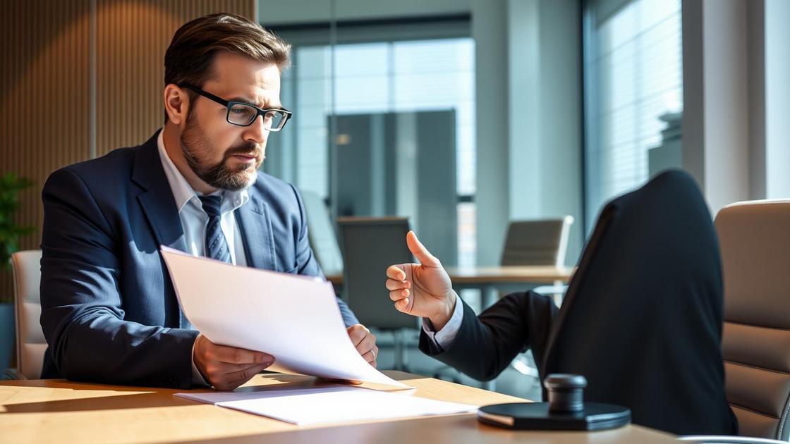 Advogado explicando contrato de escrow para cliente empresário em escritório moderno.