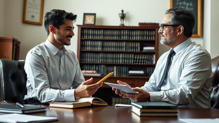 Cliente jovem e advogado discutindo elementos de um contrato em escritório elegante. O que é um contrato e quais seus elementos?