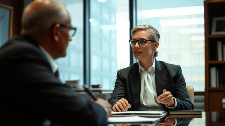Pessoa consultando advogado sobre usucapião urbano em ambiente de escritório moderno.