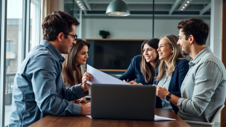 Grupo de familiares discutindo planejamento sucessório em escritório, representando continuidade de negócios familiares.