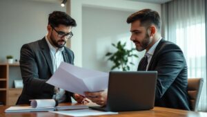 Advogado analisando novo contrato de trabalho com jovem empregador em escritório moderno, Reforma trabalhista: principais mudanças.