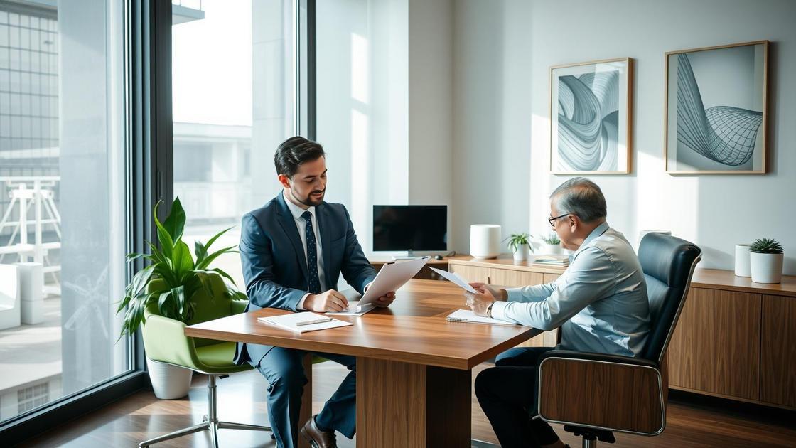 Advogado assistindo trabalhador que sofreu acidente de trabalho em escritório, destacando os direitos do trabalhador.