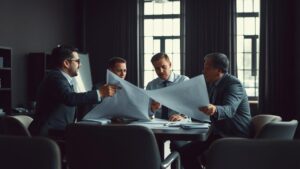 Empreendedores reunidos discutindo abertura de empresa no Brasil com advogado em escritório moderno.