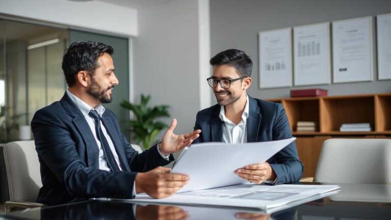 Advogado explicando a ação de despejo a cliente jovem em escritório moderno com documentos.