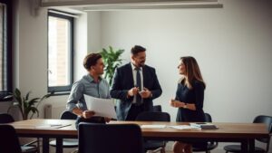 Clientes discutindo a novação contratual com advogado em escritório moderno, refletindo a flexibilidade nas relações contratuais.