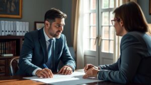 Advogado conversando com clientes sobre responsabilidade civil em um escritório tradicional.