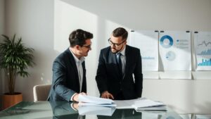 Empresário jovem discutindo o Simples Nacional com advogado em escritório moderno, representando a tributação do Simples Nacional.