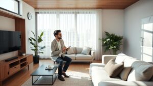 Advogado explicando a vistoria de imóvel alugado a casal em ambiente com móveis, destacando a importância do processo.