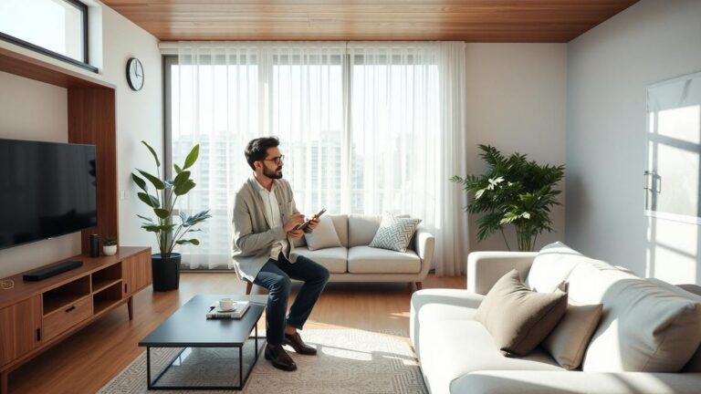 Advogado explicando a vistoria de imóvel alugado a casal em ambiente com móveis, destacando a importância do processo.