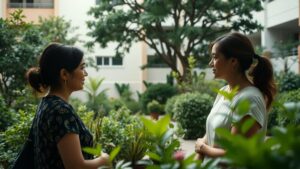 Duas pessoas dialogando em área comum de condomínio sobre conflitos de vizinhança.