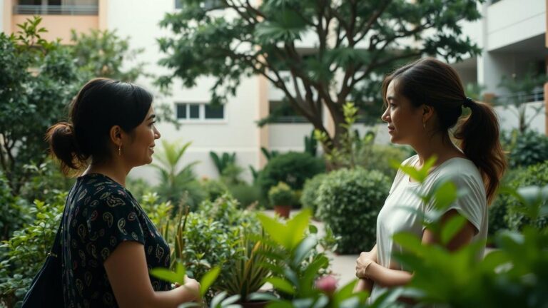 Duas pessoas dialogando em área comum de condomínio sobre conflitos de vizinhança.