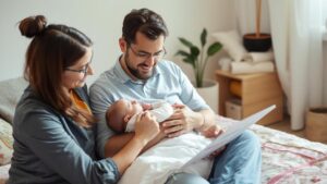 Pais segurando um bebê e documento de licença-maternidade e paternidade em ambiente familiar.