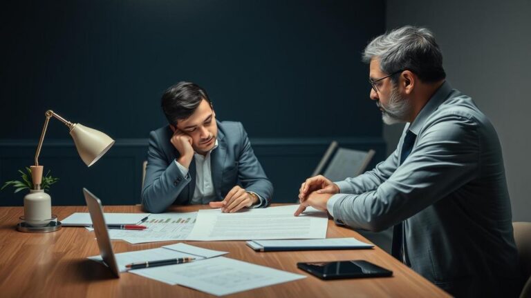 Advogado analisando cláusula de hardship com cliente preocupado em escritório, mostrando dinâmica de negociação.