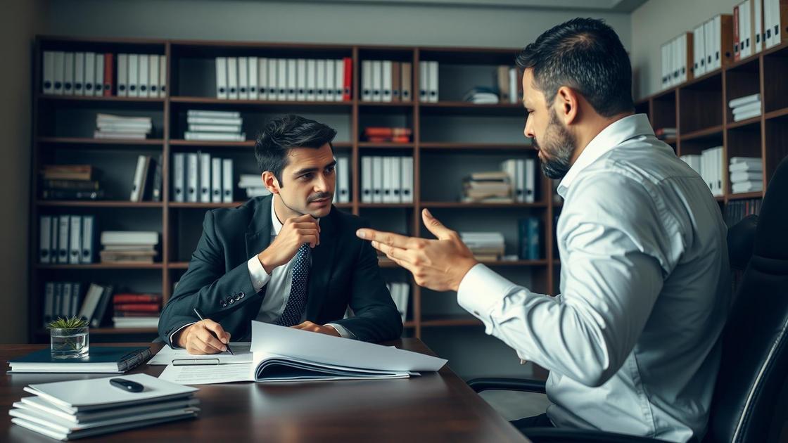 Advogado explicando a resolução contratual por inadimplemento a cliente preocupado em escritório moderno com documentos.