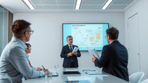 Advogado explicando substituição tributária para empresários em sala moderna com gráficos.