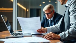 Advogado revisando documentos com empresário, ilustrando a importância da due diligence em fusões e aquisições