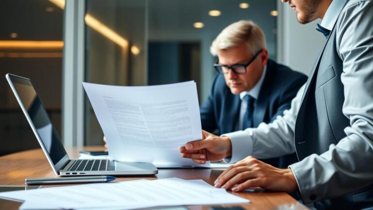 Advogado revisando documentos com empresário, ilustrando a importância da due diligence em fusões e aquisições