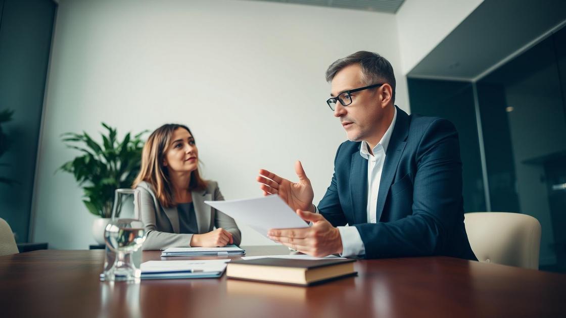 Advogado explicando a importância do PIS/COFINS com clientes em escritório moderno, representando clareza no entendimento tributário.