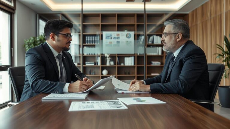 Advogado discutindo planejamento tributário com cliente empresarial em escritório moderno, refletindo confiança e estratégia.