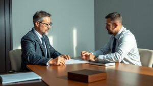 Advogado explicando contrato de garantia a cliente em escritório moderno, enfatizando a segurança nas transações comerciais.