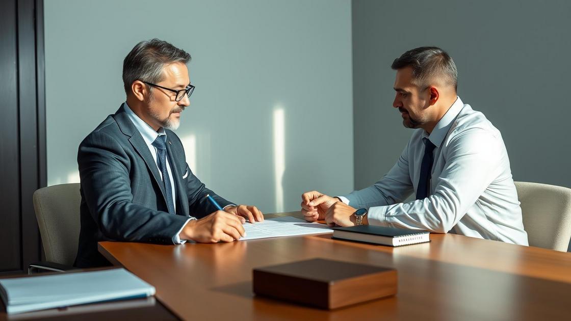 Advogado explicando contrato de garantia a cliente em escritório moderno, enfatizando a segurança nas transações comerciais.