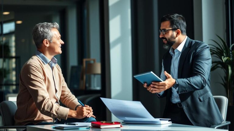 Cliente consultando advogado sobre planejamento previdenciário em escritório moderno.