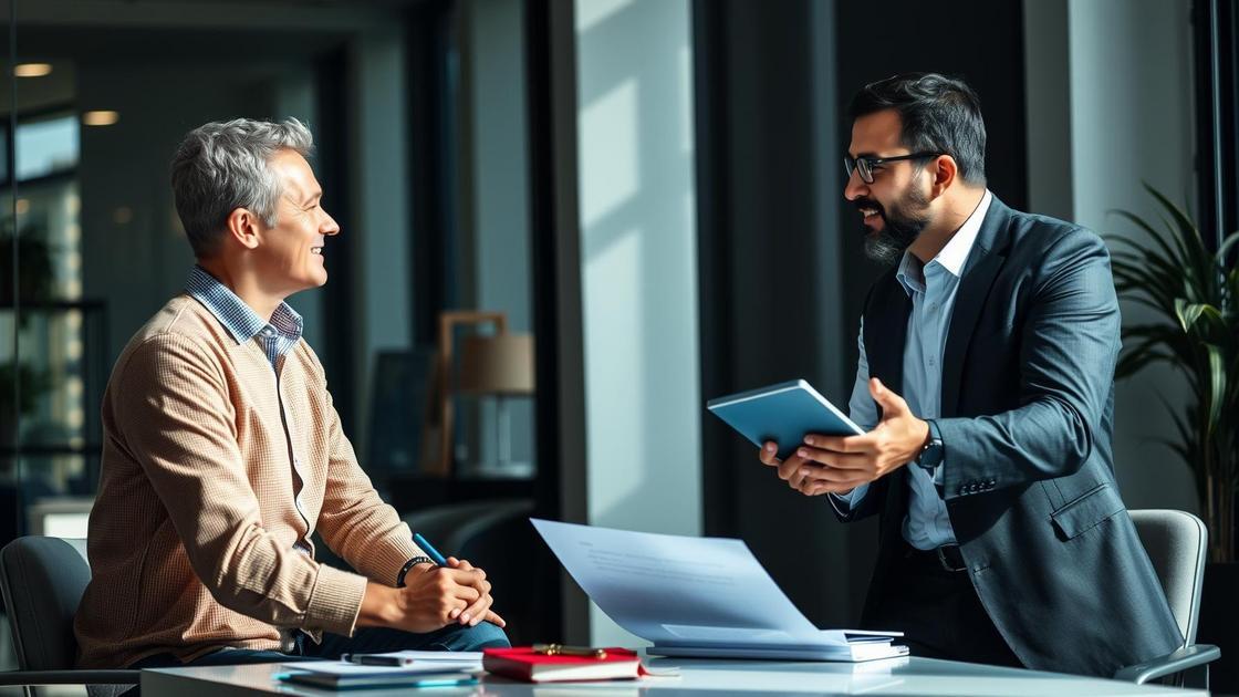 Cliente consultando advogado sobre planejamento previdenciário em escritório moderno.