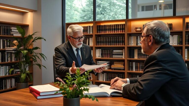 Advogado explicando aposentadoria híbrida para cliente idoso em escritório com livros de direito.