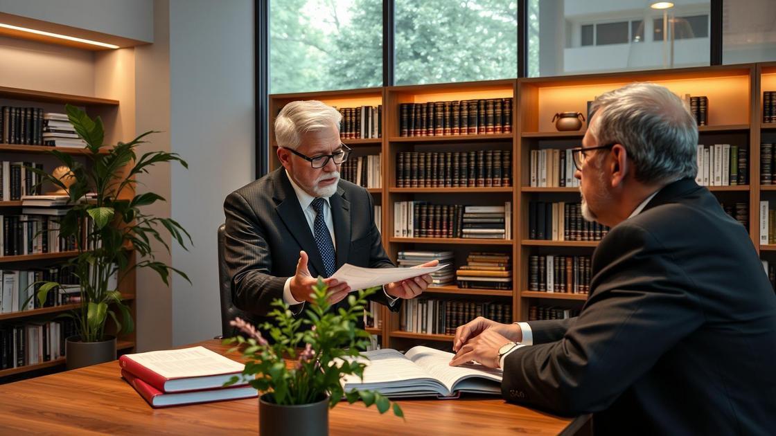 Advogado explicando aposentadoria híbrida para cliente idoso em escritório com livros de direito.