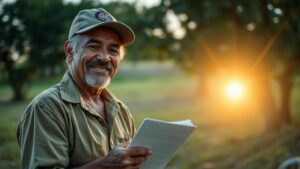 Trabalhador rural segurando documentos do INSS, simbolizando os benefícios disponíveis para trabalhadores rurais.