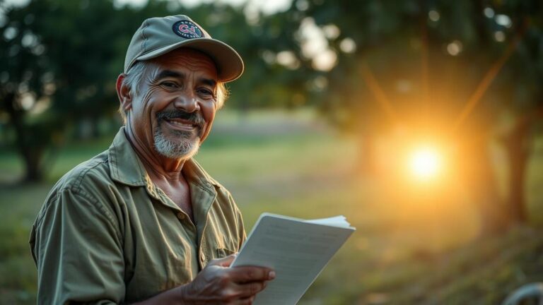 Trabalhador rural segurando documentos do INSS, simbolizando os benefícios disponíveis para trabalhadores rurais.