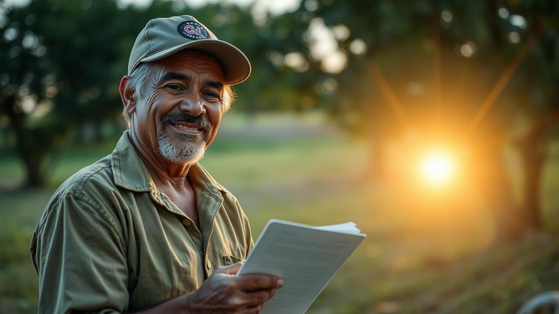 Trabalhador rural segurando documentos do INSS, simbolizando os benefícios disponíveis para trabalhadores rurais.