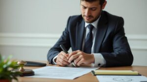 Advogado revisando contrato com cliente, enfatizando como evitar litígios contratuais em um escritório elegante.