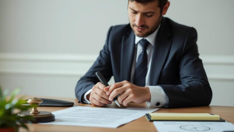 Advogado revisando contrato com cliente, enfatizando como evitar litígios contratuais em um escritório elegante.