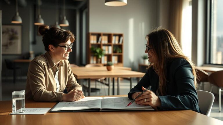 Duas partes em reunião abordando estratégias para evitar litígios contratuais em escritório moderno.