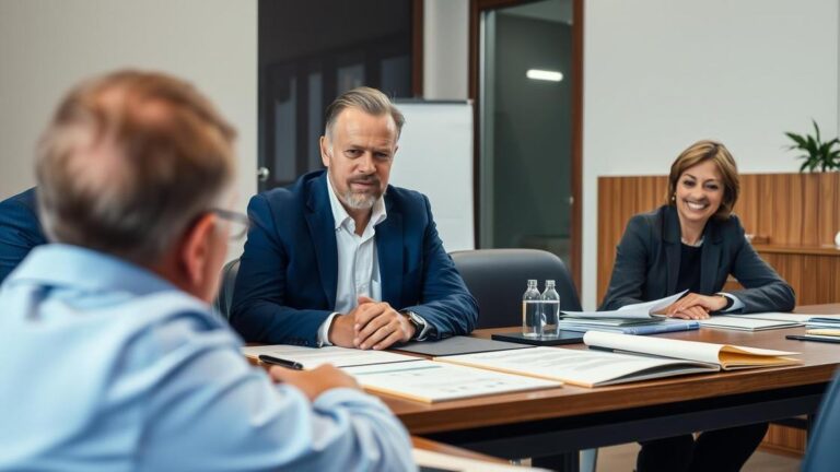 Sócios em reunião decidindo a dissolução da empresa em escritório, representando como funciona a dissolução de uma sociedade.