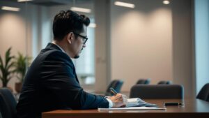 Trabalhador consultando advogado sobre FGTS, buscando esclarecer direitos e processos.