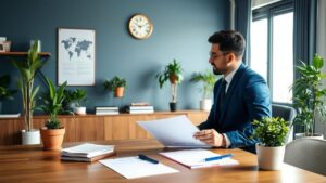 Advogado orientando jovem casal sobre financiamento imobiliário em um escritório moderno, destacando a importância da orientação jurídica.