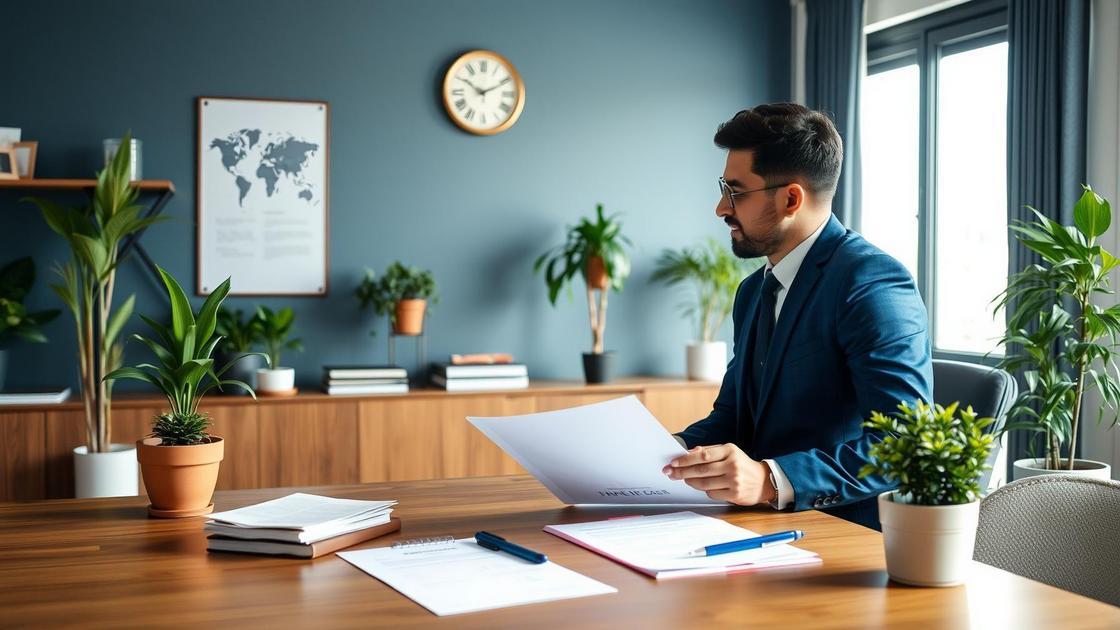 Advogado orientando jovem casal sobre financiamento imobiliário em um escritório moderno, destacando a importância da orientação jurídica.