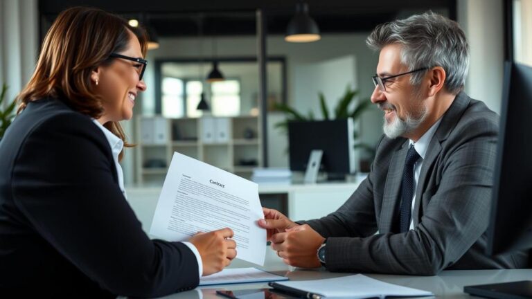 Cliente feliz Assinando contrato de compra e venda com advogado em escritório moderno; cuidados essenciais destacados.