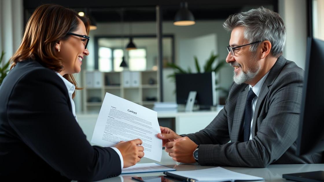 Cliente feliz Assinando contrato de compra e venda com advogado em escritório moderno; cuidados essenciais destacados.