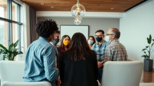 Síndico reunido com um grupo diverso de condôminos em uma sala de reuniões sobre direitos e deveres do síndico.