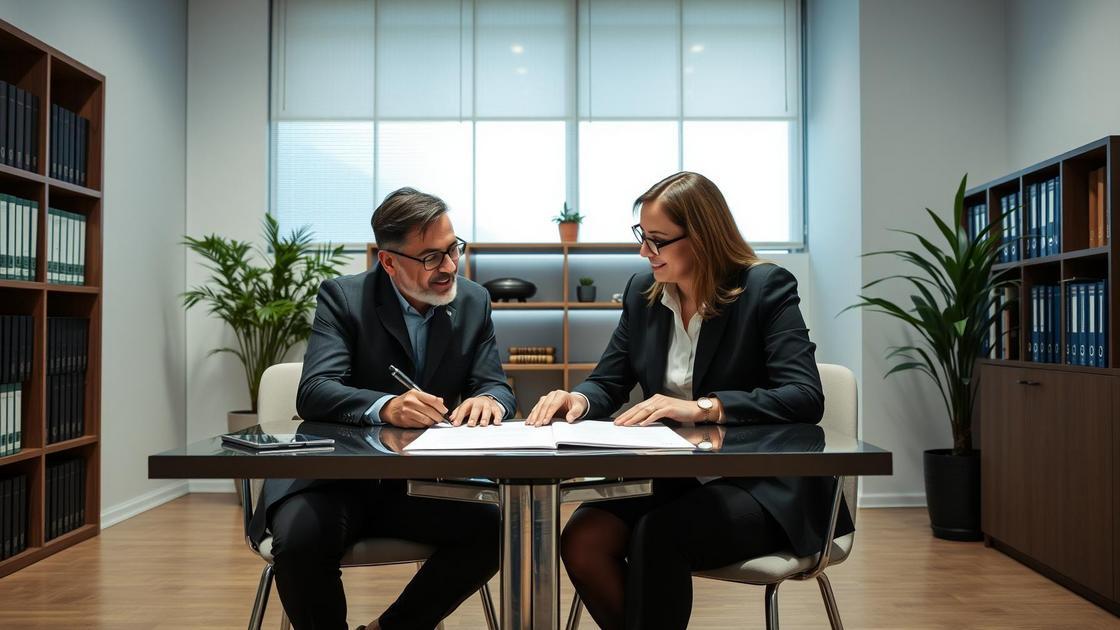Casal multicultural assina contrato de convivência em escritório de advocacia, refletindo direitos e deveres na união estável.