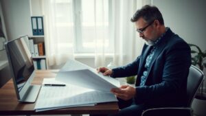 Trabalhador preocupado revisando documentação de seguro-desemprego em home office, refletindo sobre seus direitos.